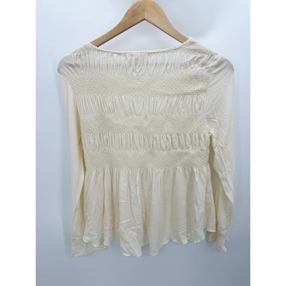 Anthro Black Swan Womens Cream Babydoll Top Size M Button Front Boho Smocked - Picture 2 of 8